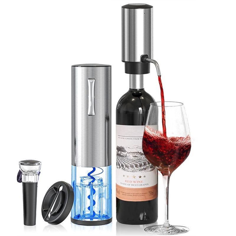 Decanter Aerator Set - A84G-ที่เปิดไวน์ไฟฟ้า 4-in-1 ชุดของขวัญเครื่องเติมอากาศไวน์แบบชาร์จไฟได้ รวมถึงเครื่องรินไวน์ไฟฟ้า สำหรับงานปาร์ตี้ที่บ้าน