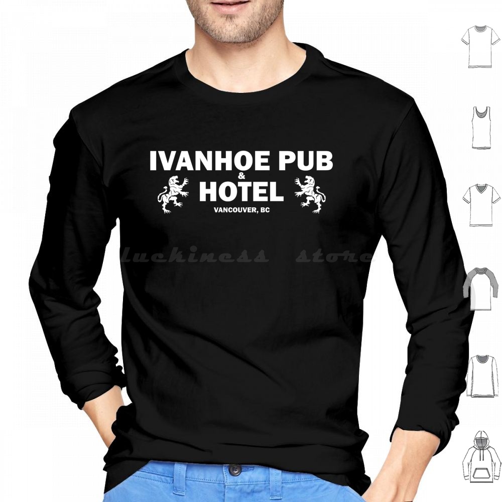 Wine Beer Pub - Ivanhoe Pub-เสื้อฮู้ดสีขาวบนพื้นดำ แขนยาว Ivanhoe Bc แคนาดา