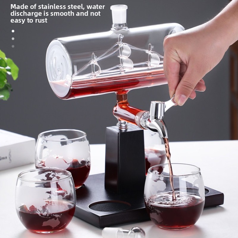 Decanter Aerator Set - เหยือกไวน์แก้วนิรภัยพร้อมก๊อกสำหรับใช้ในบ้าน ดีไซน์สร้างสรรค์ ชุดแก้วใสคุณภาพสูง ป้องกันสนิม เหมาะสำหรับใช้ในสำนักงาน