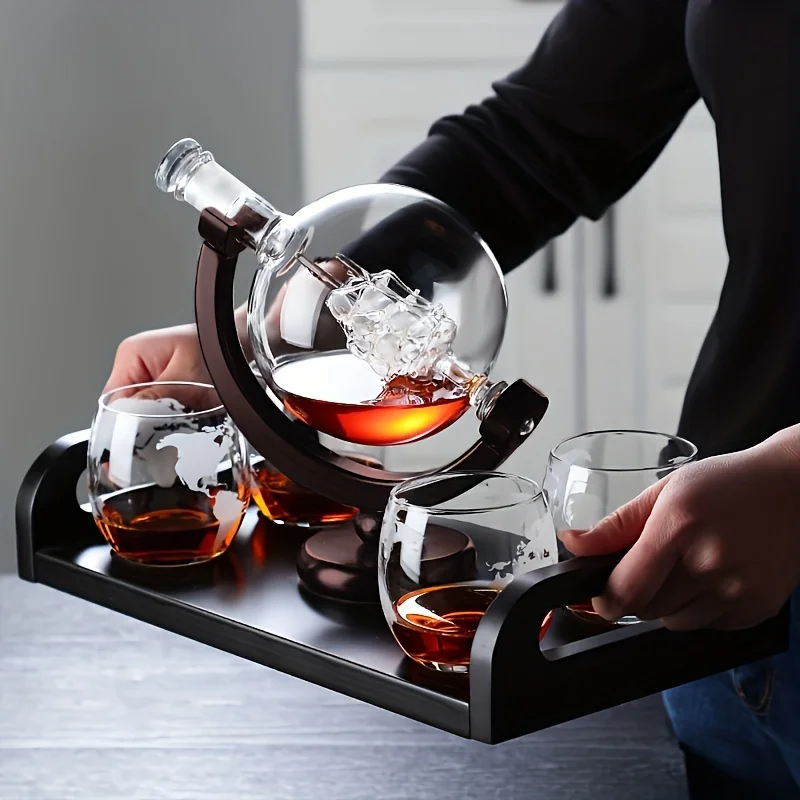 Decanter Aerator Set - ขวดเหล้าทรงกลมทำจากแก้วบอโรซิลิเกตพร้อมฐานไม้ ขวดเติมอากาศไวน์ที่มีเอกลักษณ์ เป็นของขวัญสำหรับตกแต่งบาร์ที่บ้าน