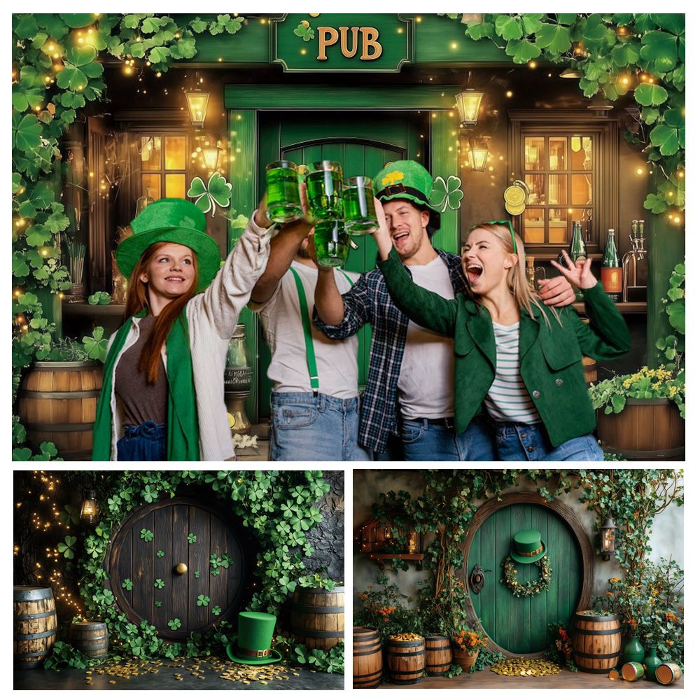 Wine Beer Pub - แบนเนอร์ฉากหลังวันเซนต์แพทริก ลายโคลเวอร์สีเขียว ผับ ถังไวน์ เบียร์ ประตูไม้