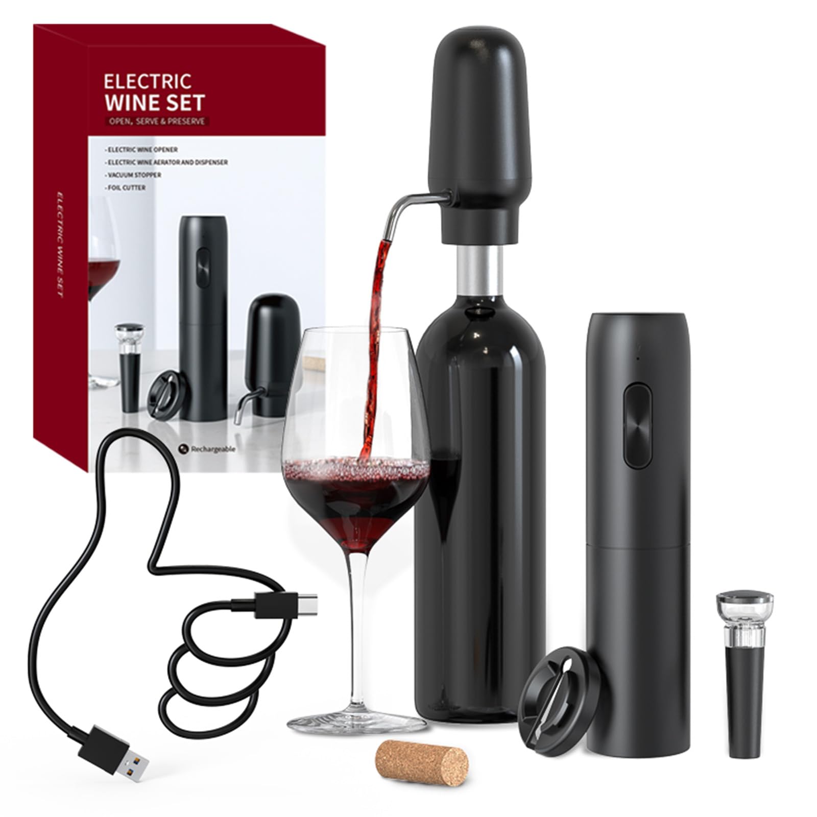 Decanter Aerator Set - เครื่องเติมอากาศไวน์ไฟฟ้าอัจฉริยะ 4-In-1 ชุดไวน์ดําเนินการเครื่องตัดฟอยล์ Corkscrew อัตโนมัติและเครื่องมือบาร์จุกไวน์สูญญากาศ