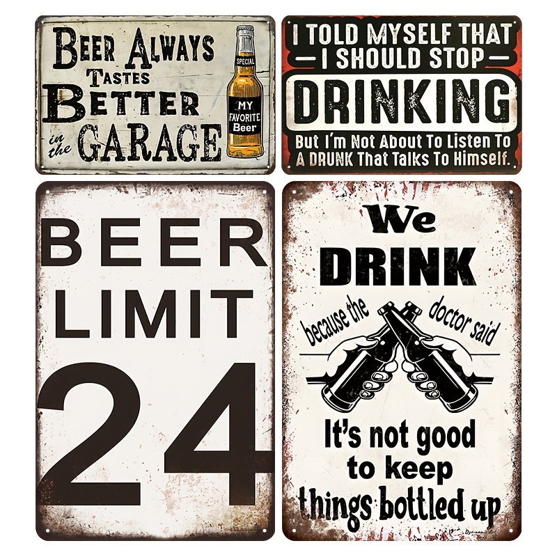 Wine Beer Pub - ป้ายโลหะวินเทจลายเบียร์และไวน์ 4 ชิ้น - สำหรับตกแต่งผนังห้องแมนเคฟ บาร์