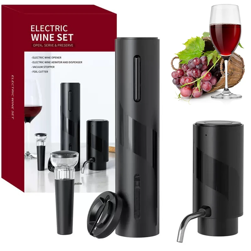 Decanter Aerator Set - ชุดเปิดขวดไวน์ไฟฟ้าแบบชาร์จ USB 4-in-1 พร้อมเครื่องเติมอากาศแบบเดคานเตอร์ ที่รินไวน์ จุกปิด